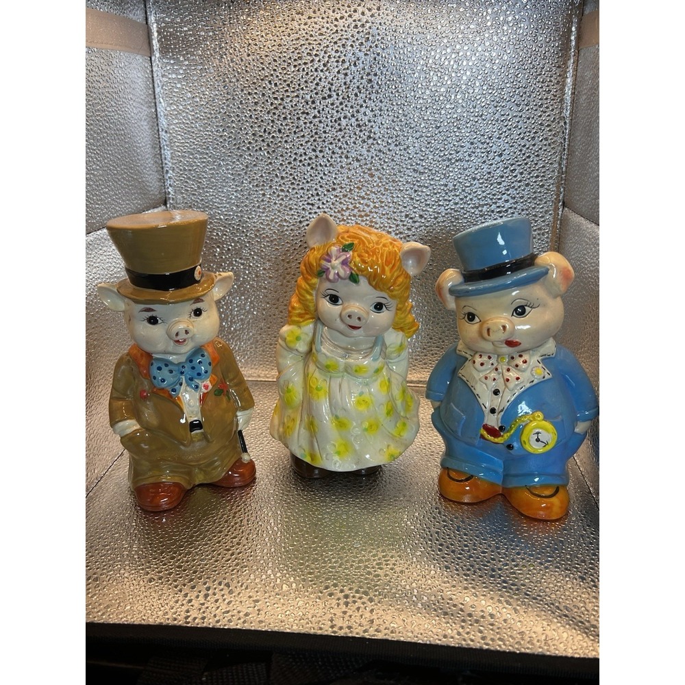 Vtg Anthropomorphic Collectible Piggy Banks Hard Plastic Pigs Boys & girl 1970s